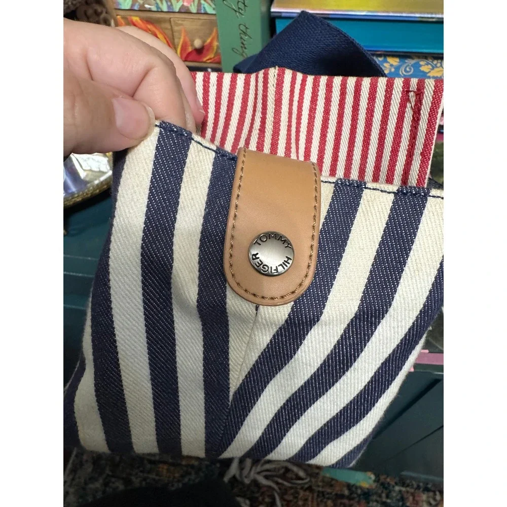 Tommy‎ Hilfiger Striped Canvas Tote Bag Nautical Blue White Red Handbag